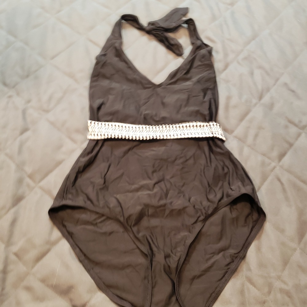 Lemlem by Liya Kebede Black Halter One Piece Swimsuit Geometric Belt Size M